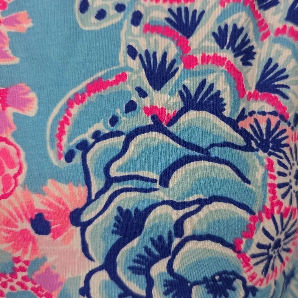 Lilly Pulitzer Blue Hot Pink Turtle Coral Long Sleeve Finn Shirt Blouse Medium - Picture 6 of 9